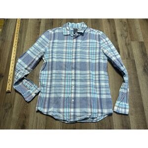 GAP Shirt, Men's Small,  White Orange Blue Plaid Long Sleeve Button Up Linen
